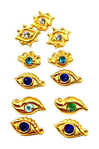1993 24 kt Gold Plated Eye Buttons With Swarovski Crystals, Mixed Set of 10