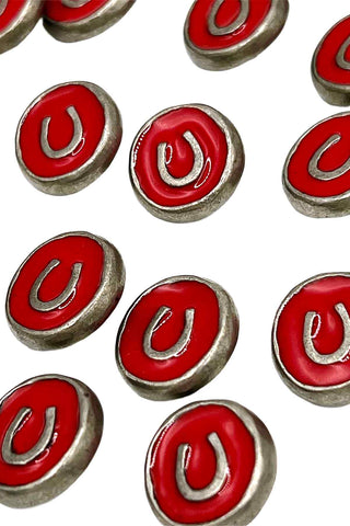1994 Todd Oldham Lacquered Silver Plated Horseshoe Buttons, Set of 16, Red