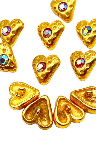 Vintage Todd Oldham 24 kt Gold Plated Heart Button With Single Swarovski Crystal, Set of 11
