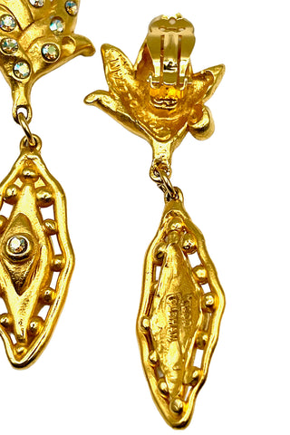 Fall 1993 Todd Oldham 24 kt Gold Plated Drop Earrings, Flame Top With Marquise Drop