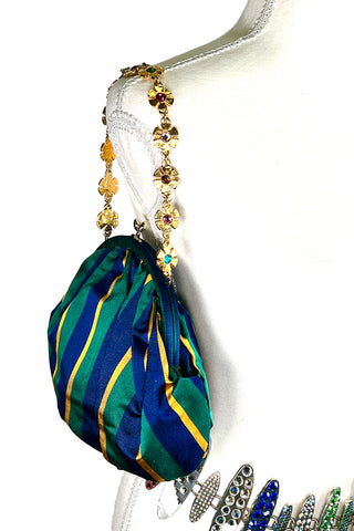 Spring 1993 Todd Oldham Striped Silk Tie Fabric Handbag With Gold Jeweled Flower Handle