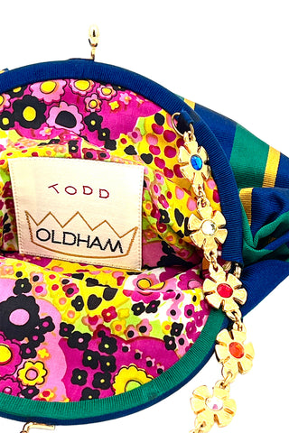 Spring 1993 Todd Oldham Striped Silk Tie Fabric Handbag With Gold Jeweled Flower Handle