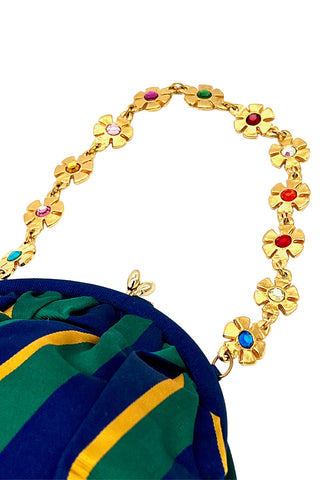 Spring 1993 Todd Oldham Striped Silk Tie Fabric Handbag With Gold Jeweled Flower Handle