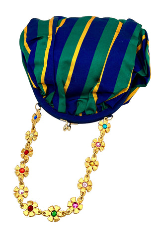 Spring 1993 Todd Oldham Striped Silk Tie Fabric Handbag With Gold Jeweled Flower Handle