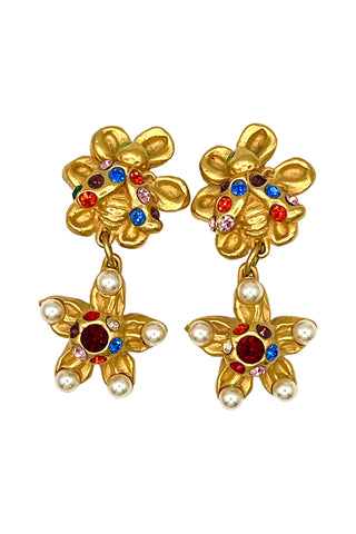 Spring 1993 Todd Oldham 24 kt Gold Plated Bee And Pearl Flower Drop Earrings
