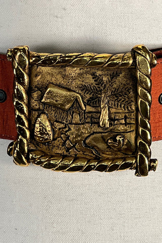 Fall 1992 Todd Oldham 24 kt Gold Plated Country Scene Belt Buckle With Silk Shantung Belt