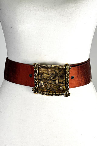 Fall 1992 Todd Oldham 24 kt Gold Plated Country Scene Belt Buckle With Silk Shantung Belt