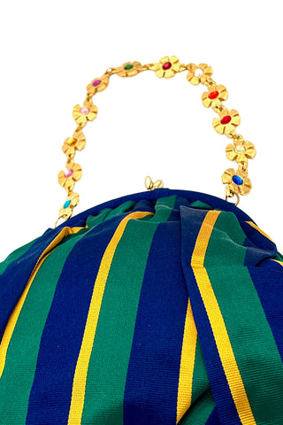 Spring 1993 Todd Oldham Striped Silk Tie Fabric Handbag With Gold Jeweled Flower Handle