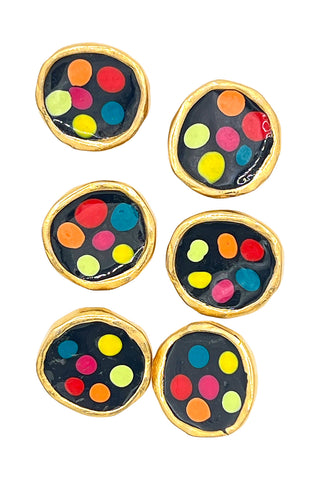 Rainbow Dot Enamel 24 kt Gold Plated Buttons, Set of 6