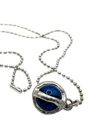 Vintage Silver Plated Glass Marble Charm Necklace - Blue