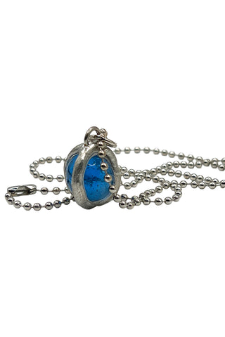 Vintage Silver Plated Glass Marble Charm Necklace - Blue