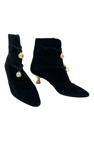 Fall 1993 Manolo Blahnik for Todd Oldham Velvet Boots with Gold Buttons, Size 39.5