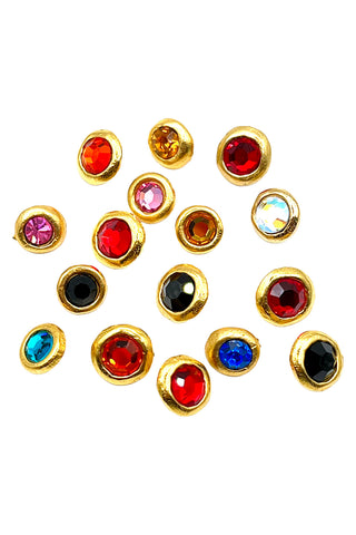 1996 Vintage 24 kt Gold Plated Stud Buttons Mixed Colors of Swarovski Crystals, Set of 16