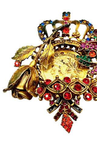 Fall 1996 Todd Oldham Gold Coin Ebonized And Swarovski Crystal Brooch