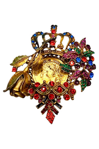Fall 1996 Todd Oldham Gold Coin Ebonized And Swarovski Crystal Brooch