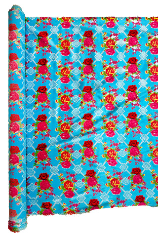 Stretch Silk Charmeuse Rose Trellis Yardage Blue