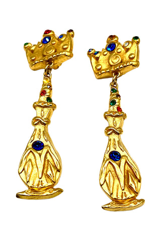 Fall 1993 Todd Oldham 24 kt Gold Plated Crown With Decanter Drop Earrings