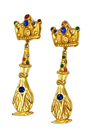 Fall 1993 Todd Oldham 24 kt Gold Plated Crown With Decanter Drop Earrings