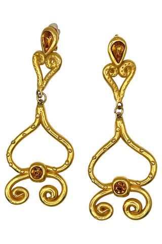 Fall 1993 Todd Oldham 24 kt Gold Plated Upside Down Heart Dangle Earrings With Swarovski Crystals