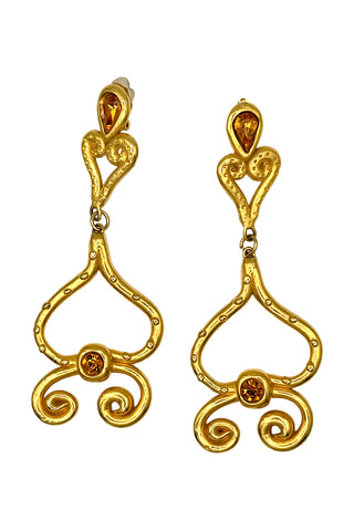 Fall 1993 Todd Oldham 24 kt Gold Plated Upside Down Heart Dangle Earrings With Swarovski Crystals