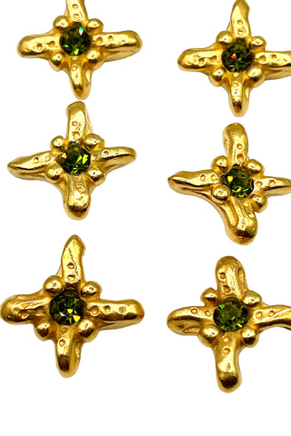 1994 24kt Gold Plated Star Buttons with Green Swarovski Crystals, Set of 7