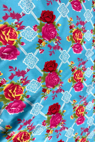 Stretch Silk Charmeuse Rose Trellis Yardage Blue