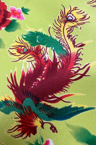 Printed Silk Charmeuse Vintage Fabric Panel "Peacock and Peony"