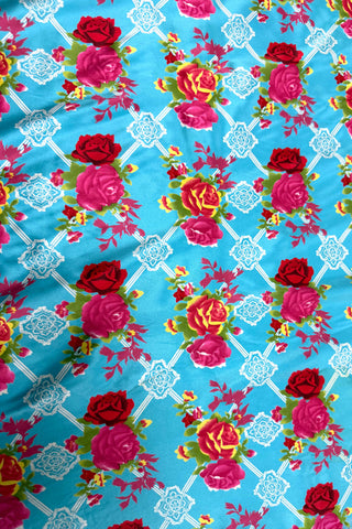 Stretch Silk Charmeuse Rose Trellis Yardage Blue