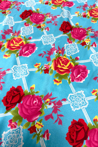 Stretch Silk Charmeuse Rose Trellis Yardage Blue