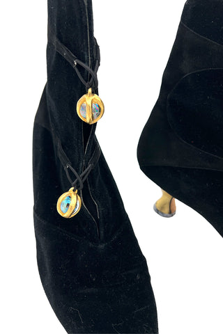 Fall 1993 Manolo Blahnik for Todd Oldham Velvet Boots with Gold Buttons, Size 39.5