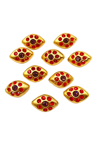 1993 24 kt Gold Plated Red Eye Button With Swarovski Crystals, Set of 10