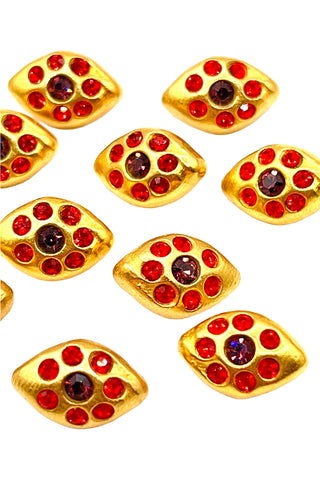 1993 24 kt Gold Plated Red Eye Button With Swarovski Crystals, Set of 10