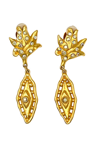 Fall 1993 Todd Oldham 24 kt Gold Plated Drop Earrings, Flame Top With Marquise Drop