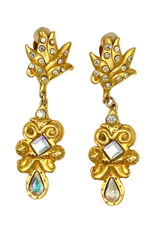 Fall 1993 Todd Oldham 24 kt Gold Plated Jeweled Flame Top And Triple Stone Drop Earrings