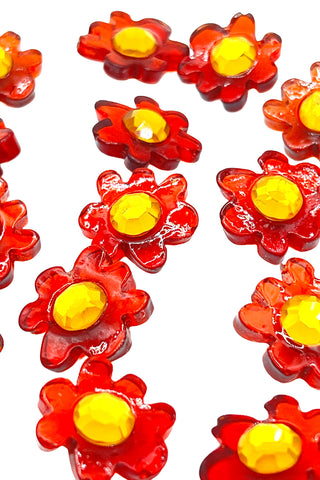 1994 Lucite Flower Buttons with Swarovski Crystals, Set of 14, "Poppy"