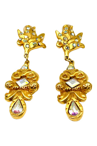 Fall 1993 Todd Oldham 24 kt Gold Plated Jeweled Flame Top And Triple Stone Drop Earrings