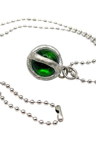 Vintage Silver Plated Glass Marble Charm Necklace - Green