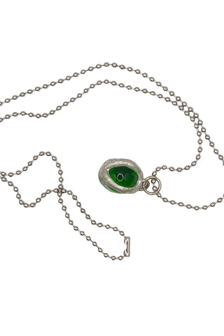 Vintage Silver Plated Glass Marble Charm Necklace - Green