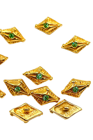 1994 24 kt Gold Plated Diamond Shaped Button With Lime Swarovski Crystals, Set of 10