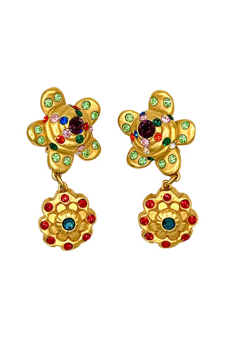 Spring 1993 Todd Oldham 24 kt Gold Plated Chrysanthemum With Daisy Drop Earrings Crystal Encrusted