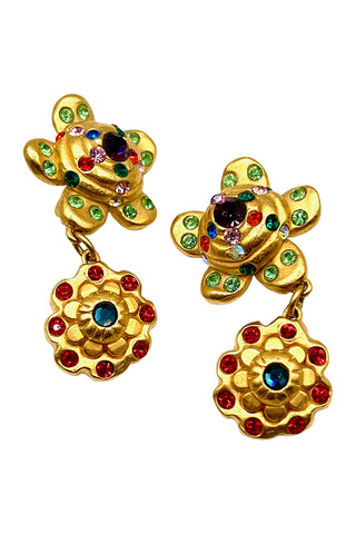 Spring 1993 Todd Oldham 24 kt Gold Plated Chrysanthemum With Daisy Drop Earrings Crystal Encrusted