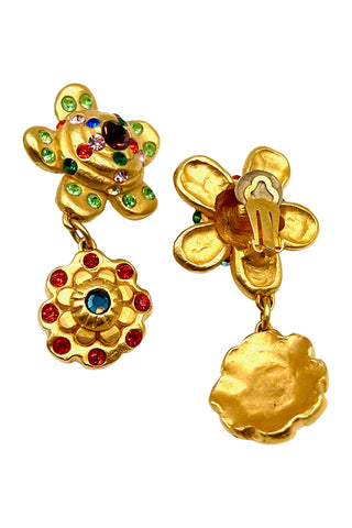 Spring 1993 Todd Oldham 24 kt Gold Plated Chrysanthemum With Daisy Drop Earrings Crystal Encrusted