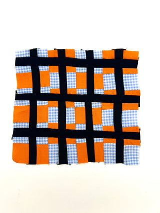 Todd Oldham Studio Hand Stitched Orange, Blue Check and Ribbon Plaid