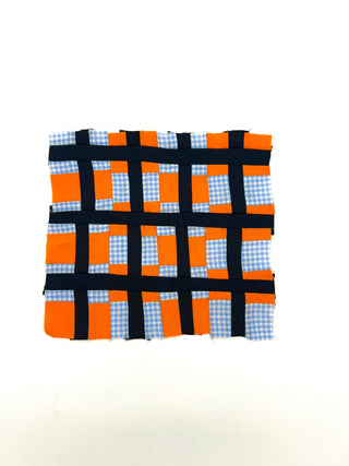 Todd Oldham Studio Hand Stitched Orange, Blue Check and Ribbon Plaid