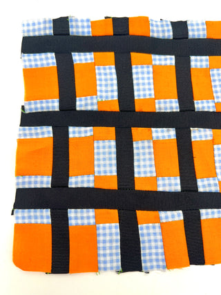 Todd Oldham Studio Hand Stitched Orange, Blue Check and Ribbon Plaid