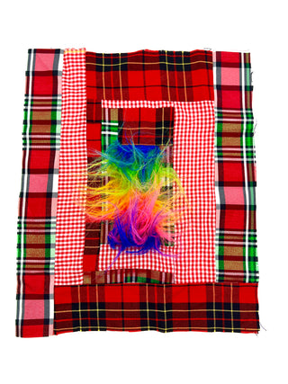 Todd Oldham Studio Hand-Stitched Red Plaid and Rainbow Faux Fur Design Swatch