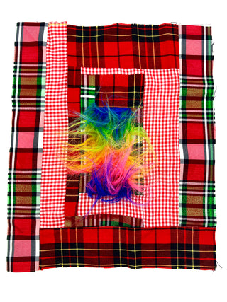 Todd Oldham Studio Hand-Stitched Red Plaid and Rainbow Faux Fur Design Swatch