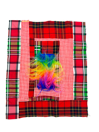 Todd Oldham Studio Hand-Stitched Red Plaid and Rainbow Faux Fur Design Swatch