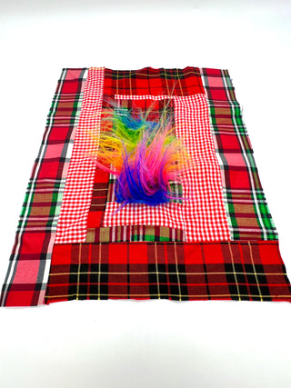Todd Oldham Studio Hand-Stitched Red Plaid and Rainbow Faux Fur Design Swatch