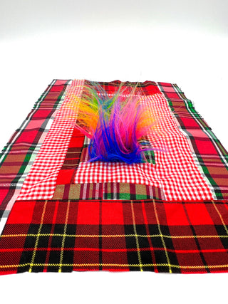 Todd Oldham Studio Hand-Stitched Red Plaid and Rainbow Faux Fur Design Swatch